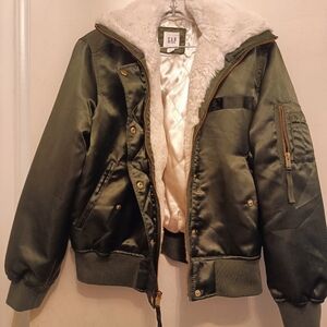 GAP Women's Dark Olive Metallic Faux-Fur Bombers Jacket Size S
